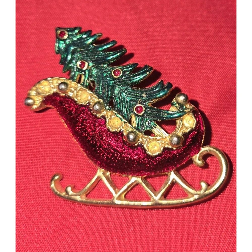 Vintage Christmas Sleigh Brooch Pin - Red & Green Enamel, Rhinestones 80s/90s